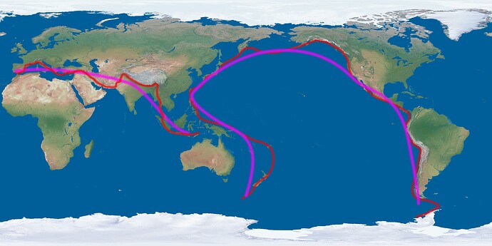 Mapa świata z naniesionymi liniami łańcucha okołopacyficznego i łańcucha alpejsko-himalajskiego