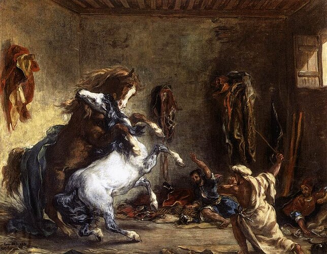 Eugène_Delacroix_-Arab_Horses_Fighting_in_a_Stable-_WGA6227